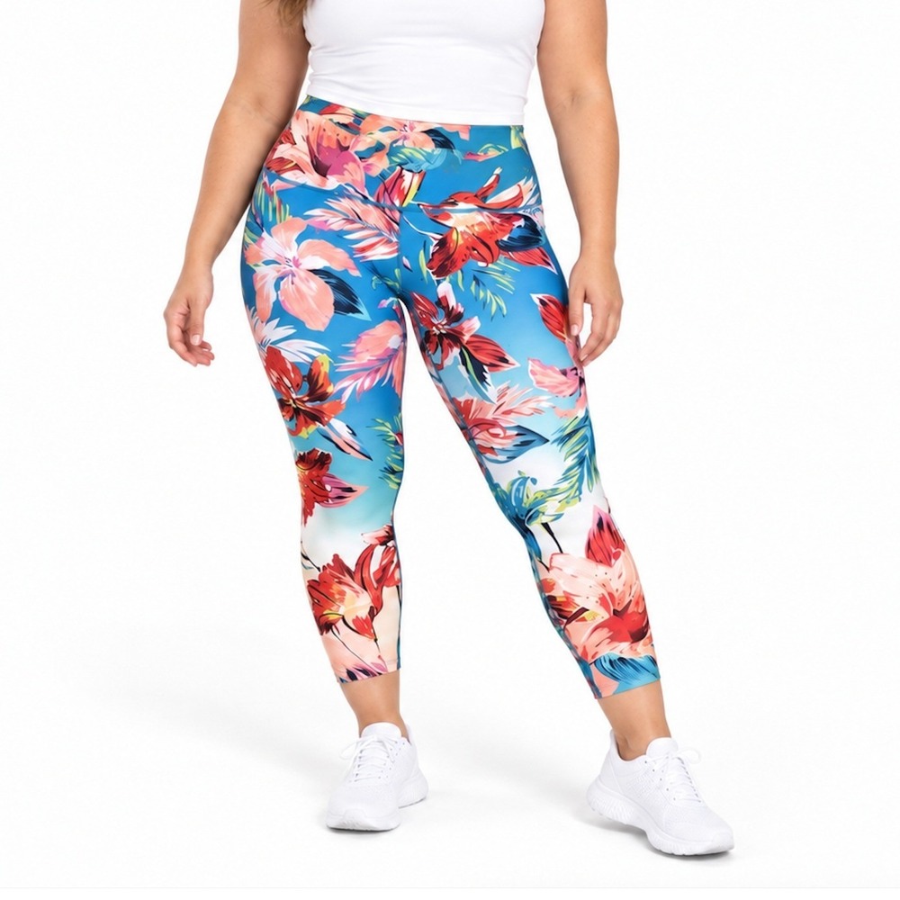 Fila Sport Blue Tropical Floral Capri Leggings High Waist Crop Tights XXL